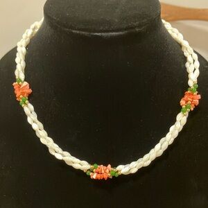 Vintage Mother of Pearl and Coral Twisted‎ Bead Necklace